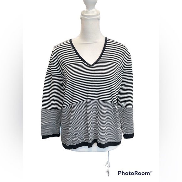 Alexandra Barnett Navy White Striped V Neck Sweater Size L - Picture 1 of 5